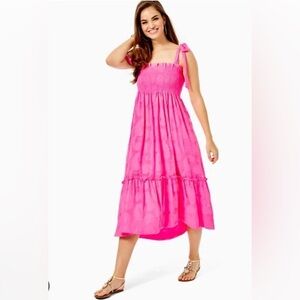 Bright Pink Lily Pulitzer Smocked Rivera Midi Dress